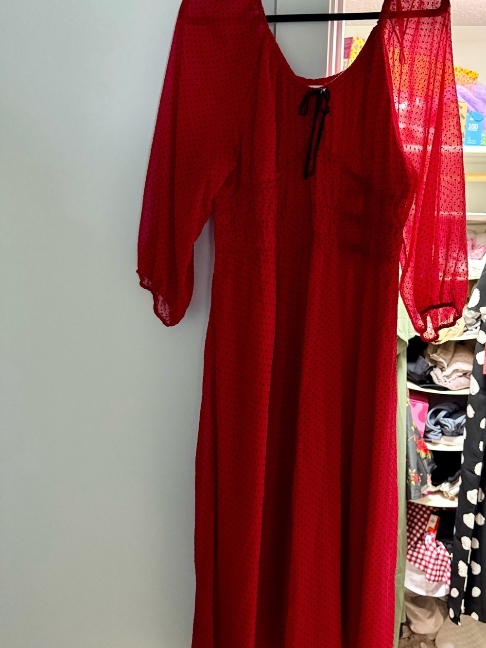 LC Lauren Conrad Red Sheer Dot Maxi Dress with Tie Neck